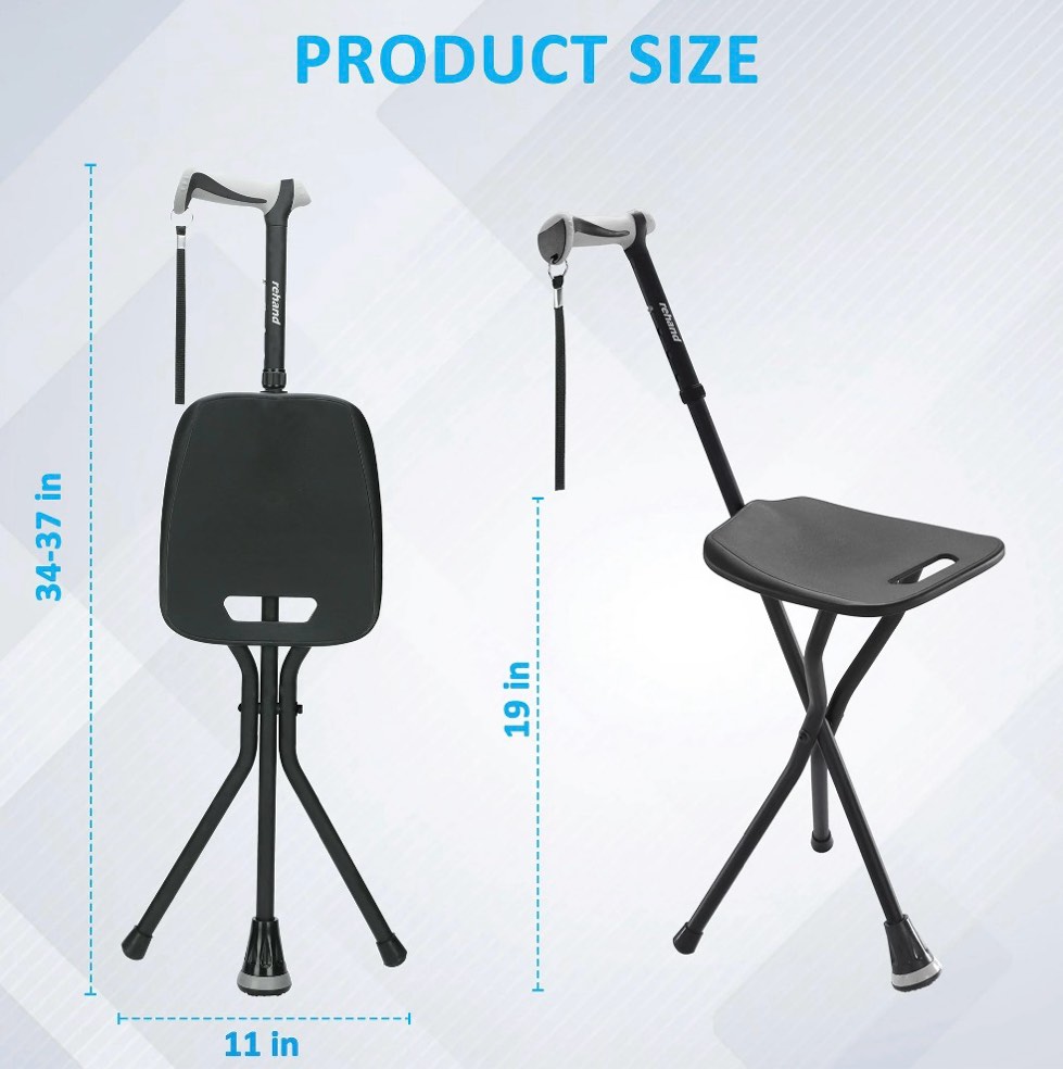 Condition photo showing New/Like New for rehand folding adjustable walking cane with rubber feet, lightweight aluminum stick with seat, black