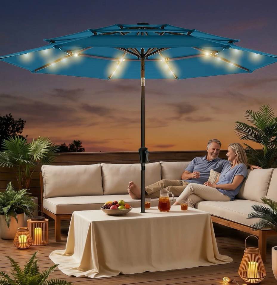 Patbrela 9ft 3-Tier Solar Patio Umbrella with LED Lights, Tilt Adjustment Outdoor Umbrella, Market Sun Shade for Beach, Backyard, Deck, Poolside, Blue