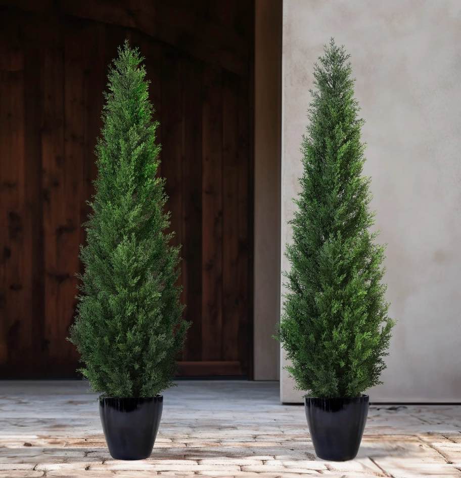 Artificial Cedar Tree 5 FT Artificial Cedar Topiary Trees for Outdoors Potted Fake Cypress Trees Faux Evergreen Plants for Home Porch Decor Set of 2