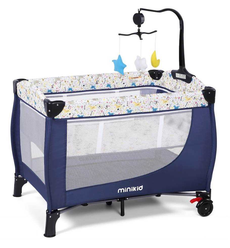 Minikid Nursery Center Playard with Bassinet Music and Toys, Baby Playpen for Newborn to Toddlers,Blue