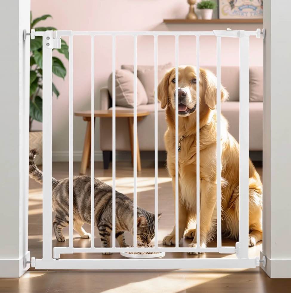 Pet Gate, Caveen 29.5''-32.2''Dog Gates for Stairs & Doorways, Gate for Ages 6 to 36 Months, White