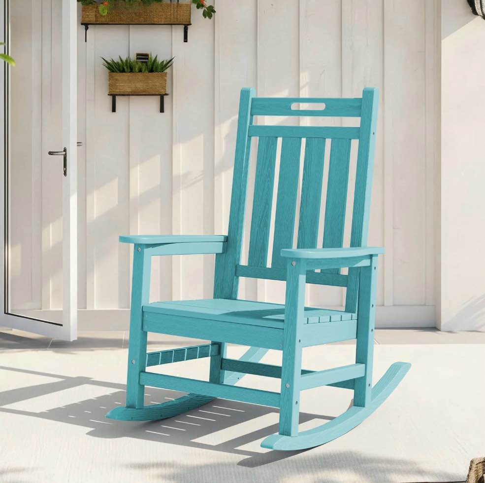 LOYALICE HDPE Outdoor Rocking Chair for Porch Patio, All-Weather High Back Rocker with Wood-Grain Texture, Heavy-Duty Deck Garden Seating, Fade-Resistant & Easy to Clean,Peacock Blue