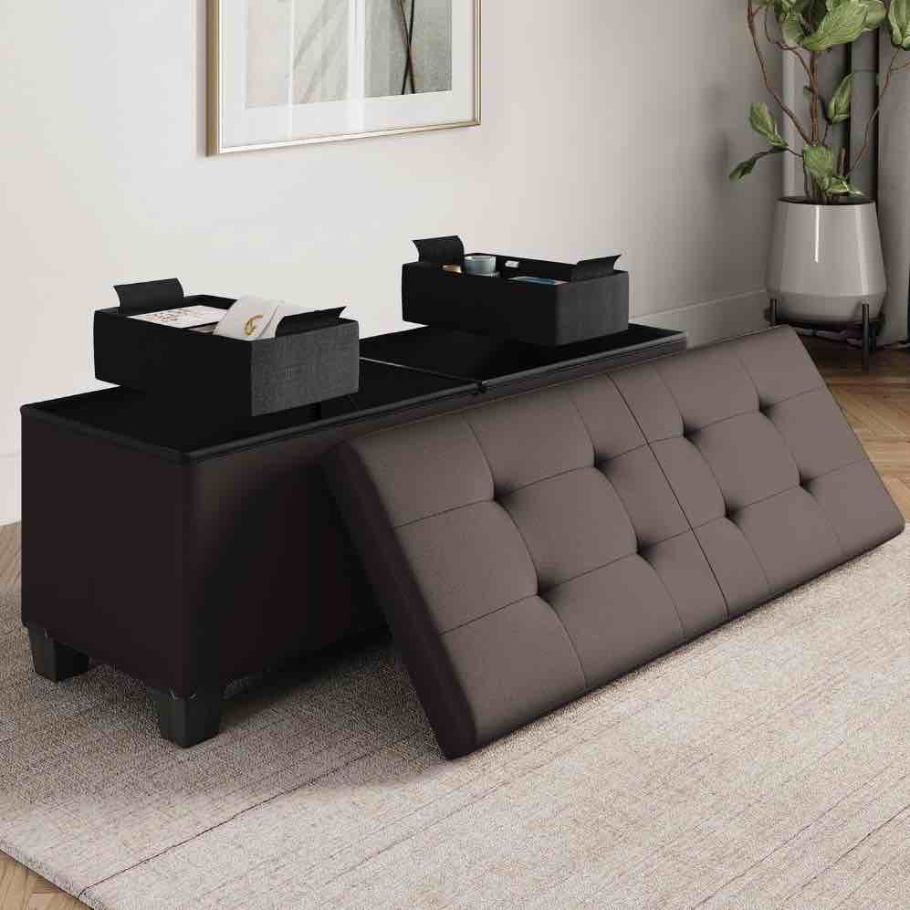 hearth & harbor storage ottoman bench, faux leather 45" ottoman with storage, brown