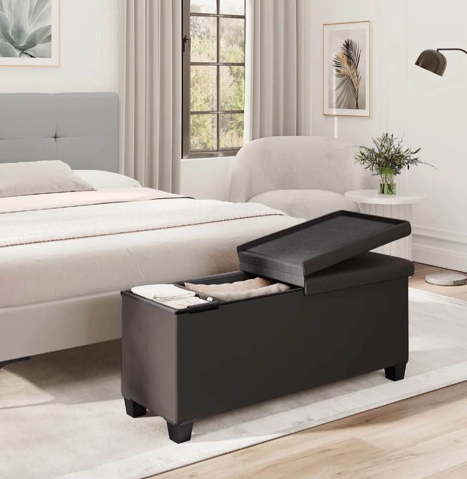 Condition photo showing New/Like New for hearth & harbor storage ottoman bench, faux leather 45" ottoman with storage, brown