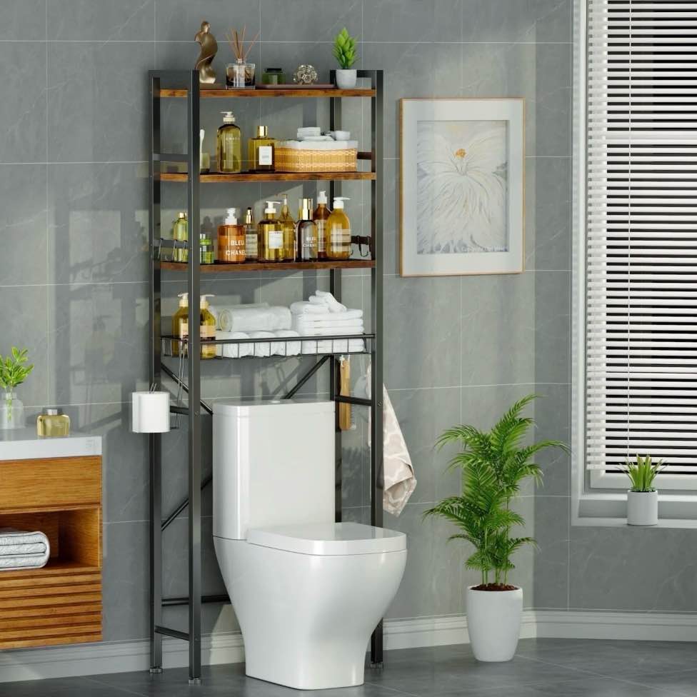 capri over the toilet storage shelf, 4-tier freestanding bathroom organizers and storage, above toilet space saver rack with adjustable shelves, toilet paper holder and 9-hooks, rustic brown