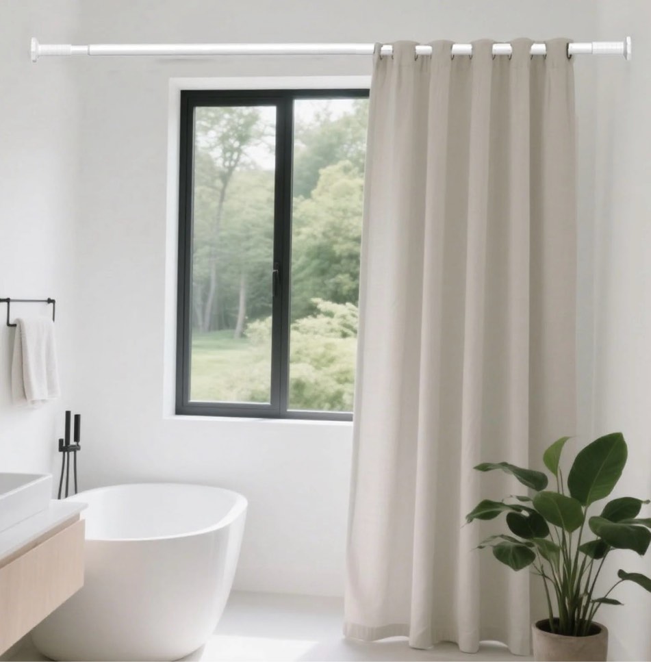 vegcoo tension curtain rod 51-128 inches, heavy duty no drill adjustable rod with 12 white rings for patio, shower curtain rod no drilling for bathroom easy to install, white