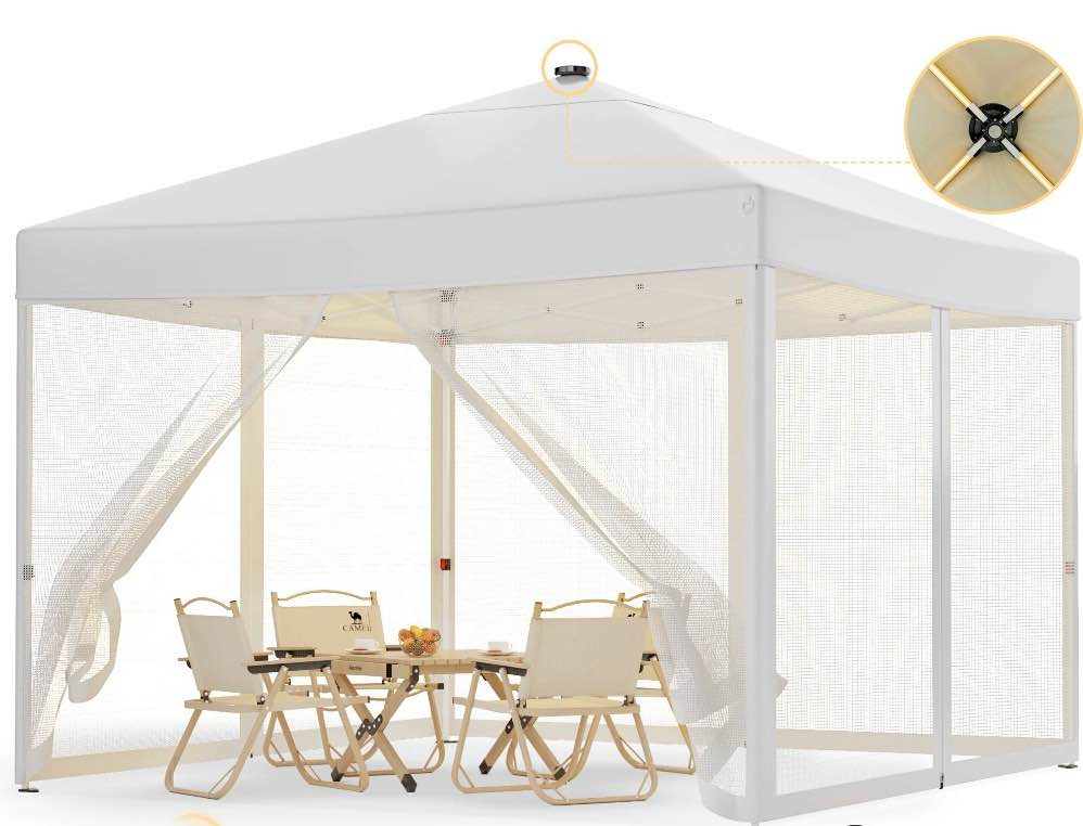 vecukty 10'x10' pop-up canopy tent with mesh sidewalls & led lights, instant outdoor shelter, white