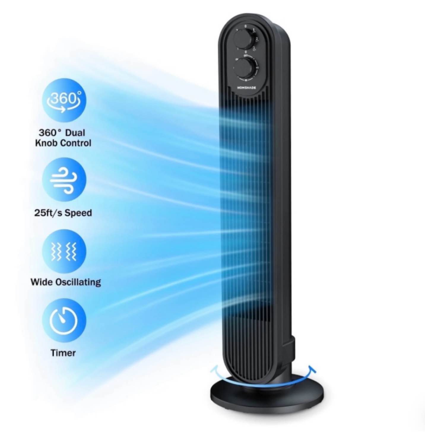 tower fan,31" oscillating standing fan for home,patbrela floor fan with 360° dual knob control ,3 speed,timer bladeless fan for bedroom office,black