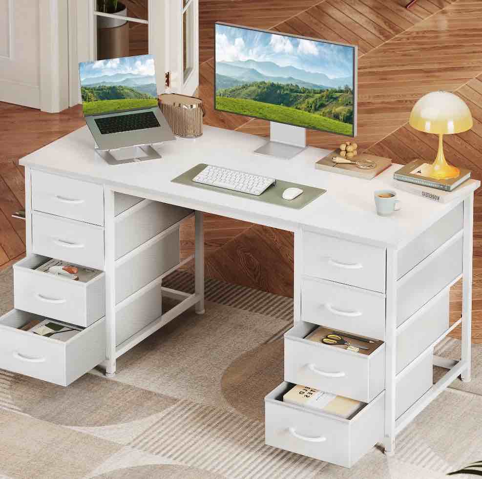 white computer desk with drawers for storage - 48 inch home office desk with 8 fabric drawers, writing study desk with drawers on both sides for bedroom