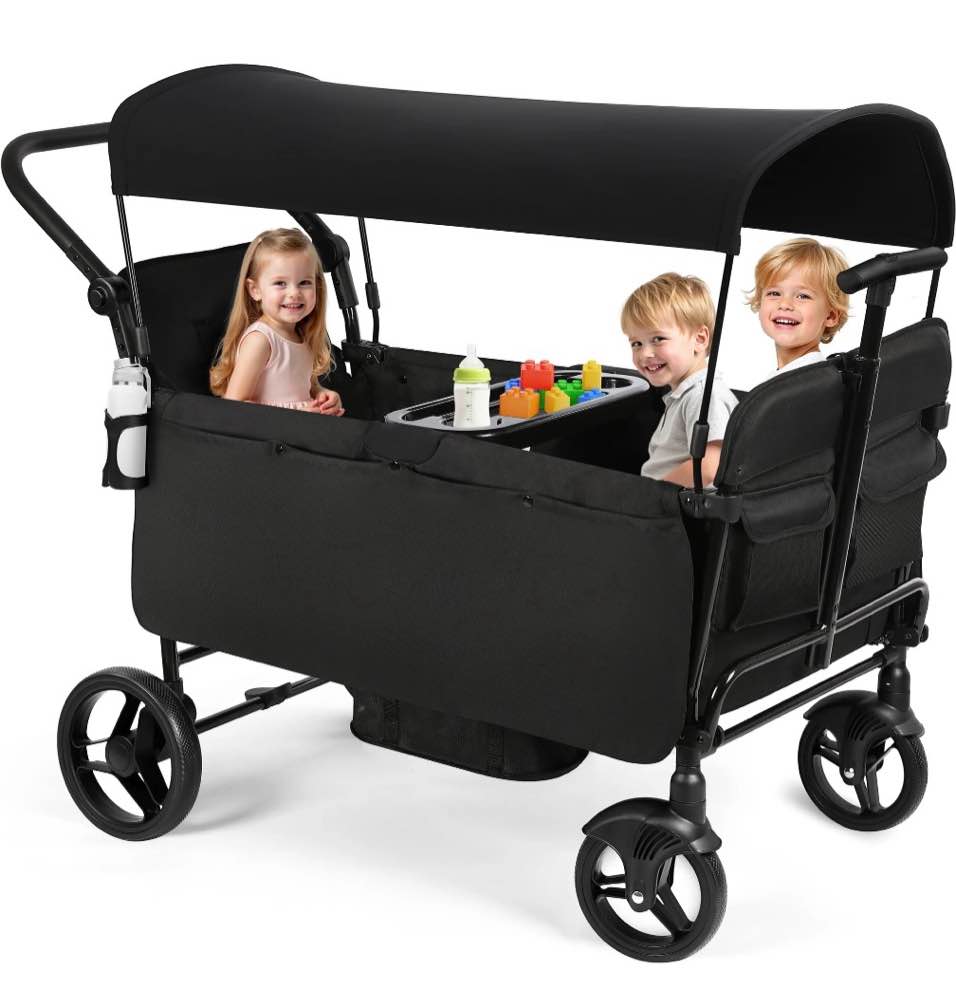 vomeast wagon stroller for kids, spacious 4-seater stroller wagon with adjustable canopy, pull & push handle, 5-point harness, foldable for toddlers, black