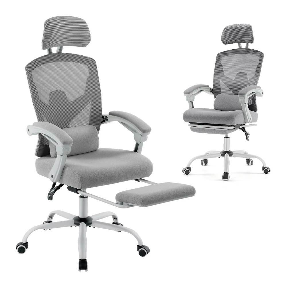 edx ergonomic high back office chair with reclining & lumbar support, adjustable headrest, footrest, padded arms, gray
