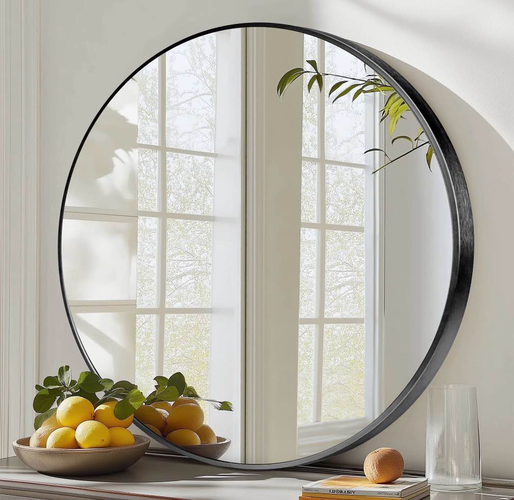 edx 30  wall round mirror with crystal clear reflection  convenient hanging hooks  and premium aluminum alloy construction  black