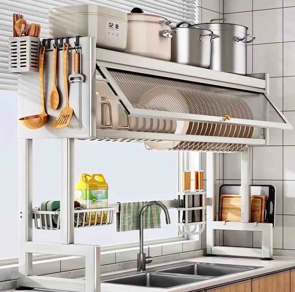dish rack over sink for kitchen  165lbs load drying rack above sink with visible cabinet door  large carbon steel dish drainer for dishes  bowls and utensils  white