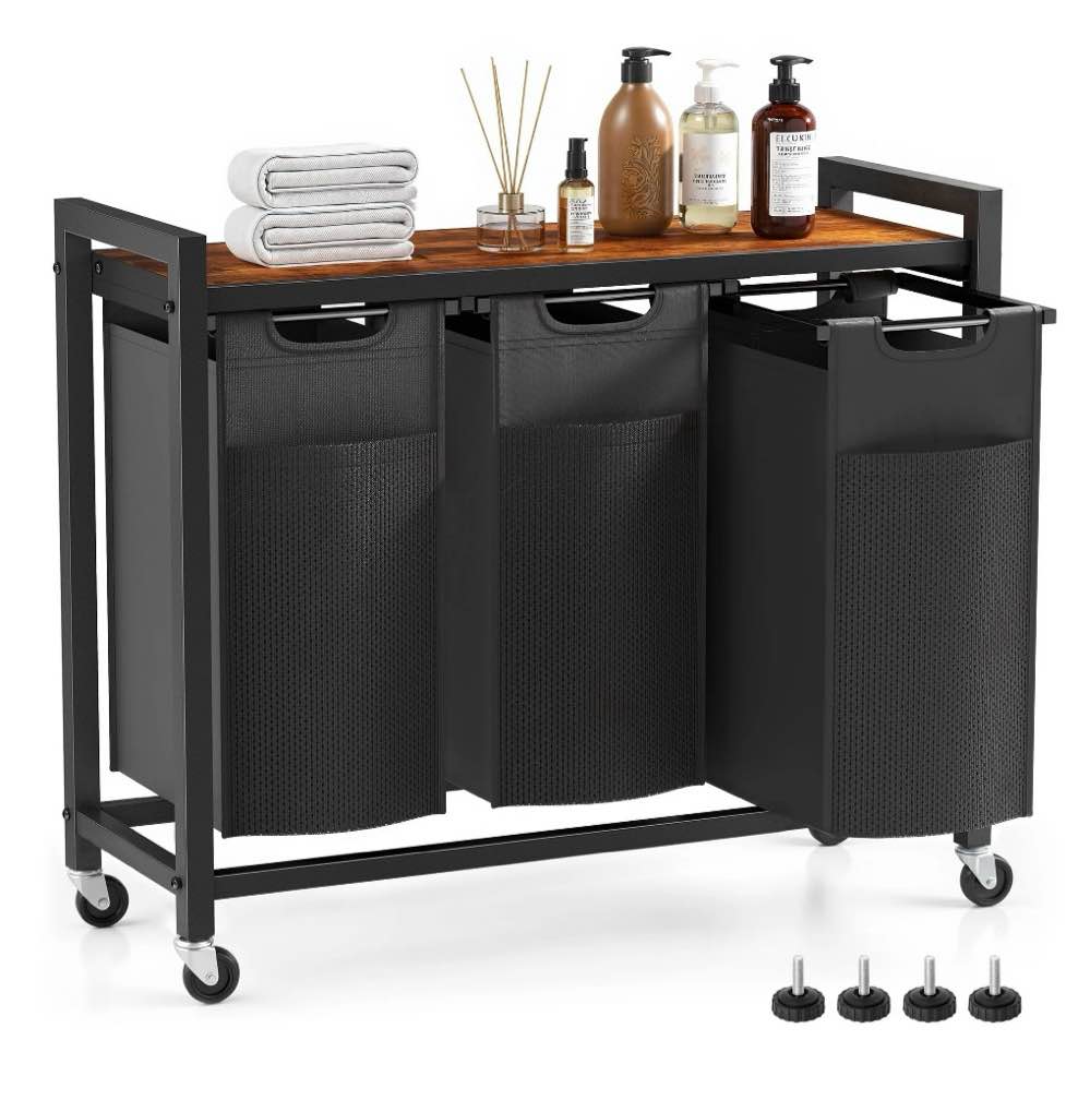 edx laundry hamper with 3 pull-out removable laundry bags clothing sorter with shelf and wheels(adjustable feet)  3 x 8.6 gallons (32.5 liters) for laundry rooms  bathrooms and dorms