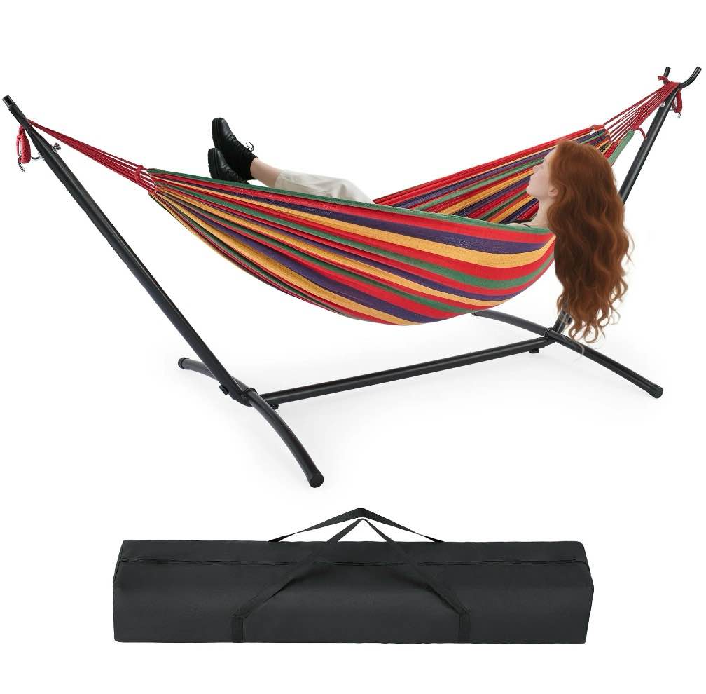 edx double hammock with space saving steel stand, 2 person heavy duty outdoor 450lb capacity standing hammocks, upgraded polyester end strings, portable carrying bag included, colorful stripes