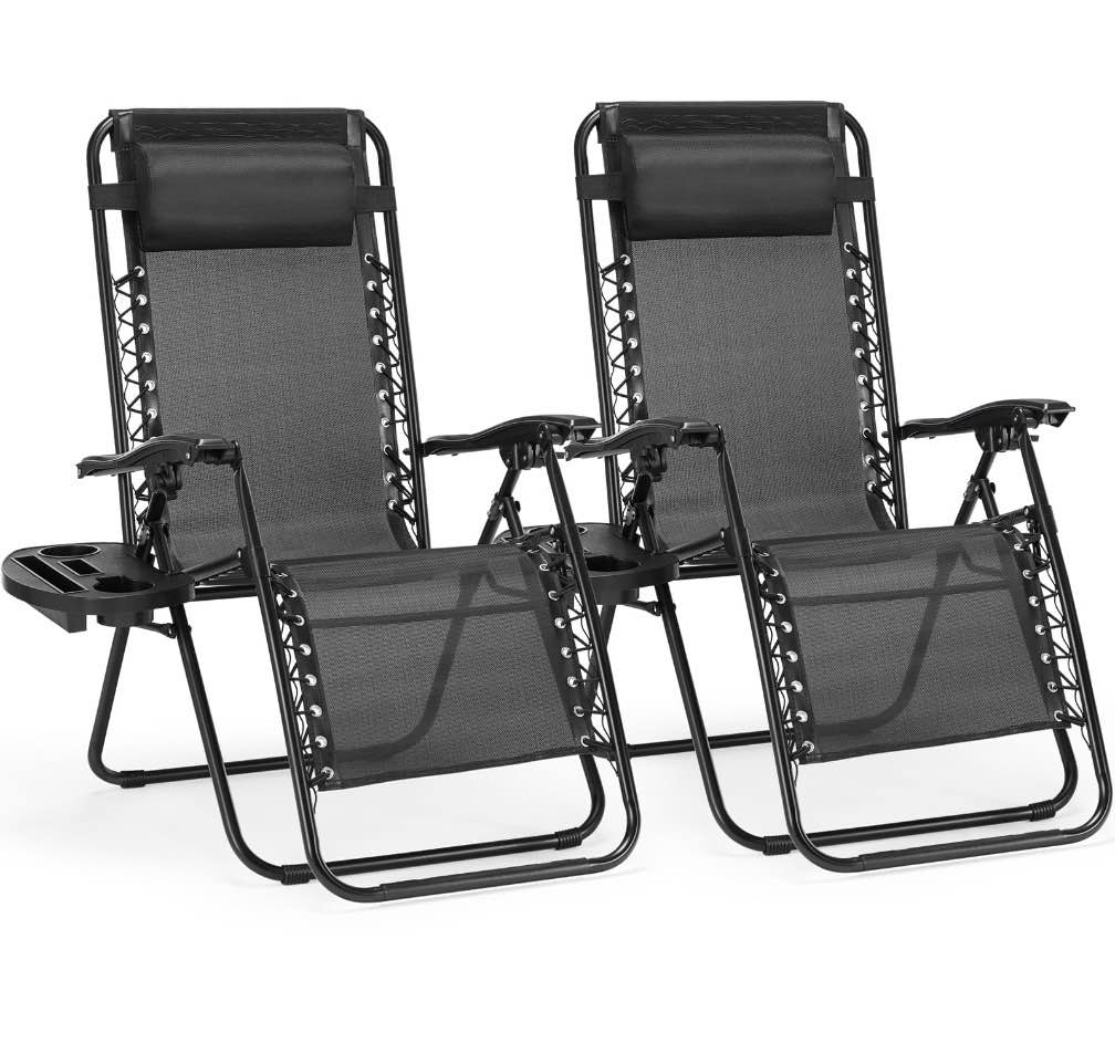 concetta 2 zero gravity lounge chairs, foldable reclining camping for patio, lawn, beach, black