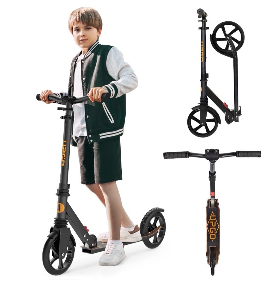 upgo kick scooter for ages 6+, kids, teens & adults, 240 lb max load, foldable, 8-inch wheels, orange 31.03" x 14.5" x 5.5"