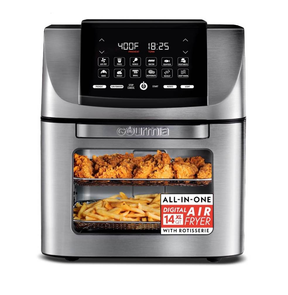 Gourmia 14 Qt Air Fryer Oven  12 Presets  Rotisserie  FryForce 360°  Stainless Steel