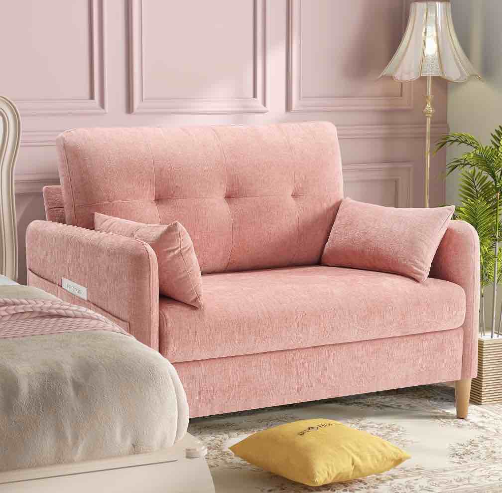 bedluxury 47'' wide loveseat, 2-seat chenille sofa with 2 pillows for living room and small spaces, pink