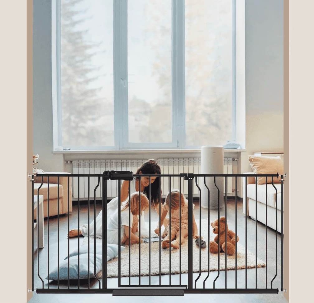 furdear 56.9-65.9" extra wide baby safety gate walk thru black metal gate