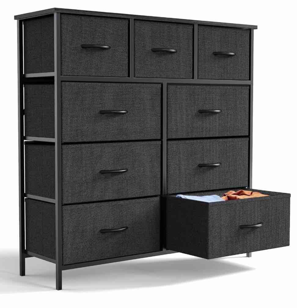 edx 9 drawer fabric dresser for bedroom, chest of drawer organizer storage cabinet for closet, entryway, black