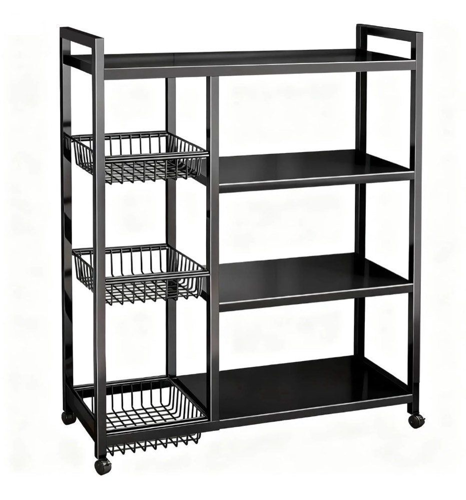 movable wire rack, heavy-duty 4-tier storage shelf with 3 baskets and wheels, metal shelves organizer for kitchen, bathroom, office, garage, 31.5''l*12.6''w*42.5''h