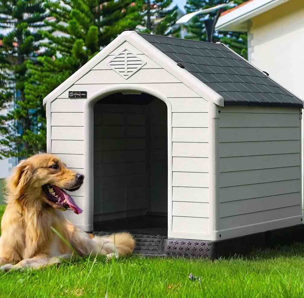 waleaf durable waterproof plastic dog house for small to large sized dogs  indoor outdoor doghouse with elevated floor