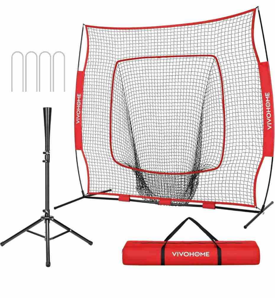 specstar 7x7ft baseball softball practice net with strike zone target tee and carry bag  red