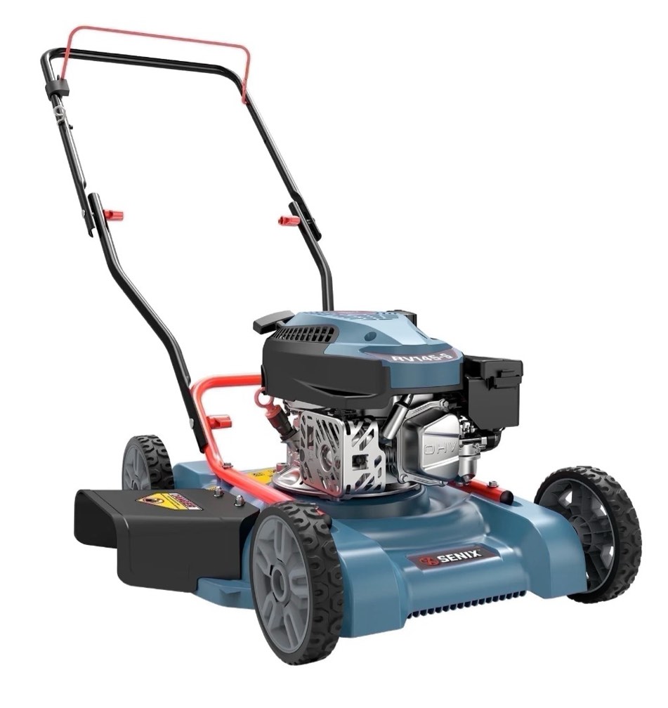 senix gas lawn mower  18in cutting blade / 19in cutting deck  144cc 4-cycle engine push mower with side discharge