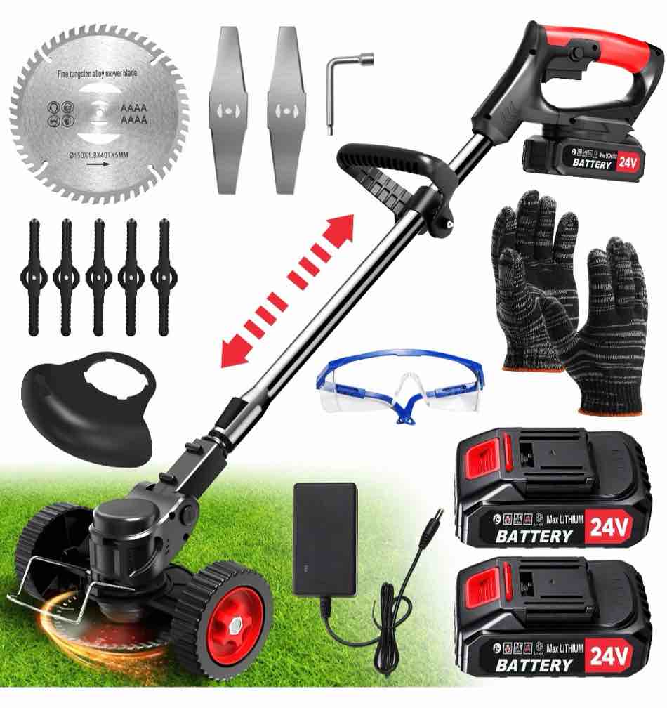 tntants electric weed wacker, cordless string trimmer with wheels,  2pcs 24v batteries, 3 types of blades, adjustable length, weed eater grass trimmer/edger/brush cutter for lawn yard garden (black)