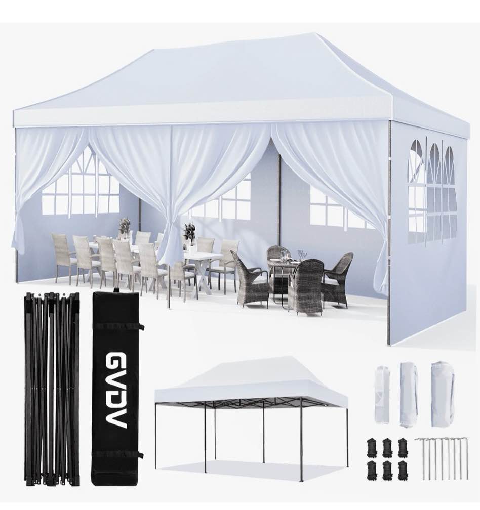 gvdv 10' x 20' pop up canopy tent party tent outdoor event instant tent gazebo with removable sidewalls and carry bag, white