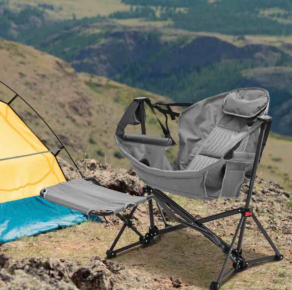ainfox foldable portable rocking camping chairs with footrest, cup holder, pillow, grey