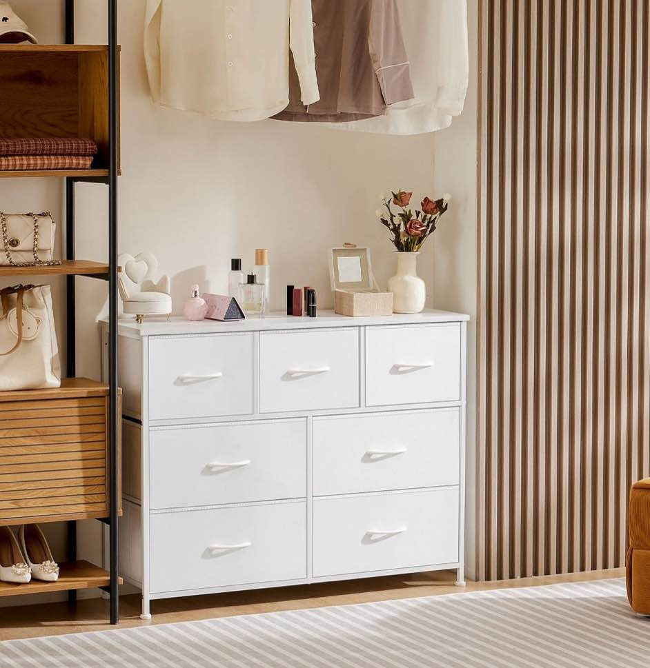 concetta 7-drawer fabric storage cabinet for adults, tv cabinet sideboard, organizer furniture for living room, office, hallway, white