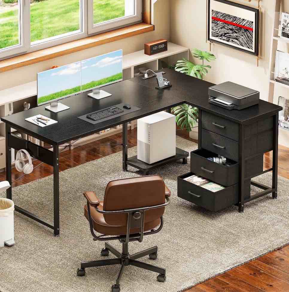 Casacomoda L Shaped Computer Desk with Charging Station, 53 inch PC Table Study Desk 4 Tier Drawers, Modern Simple Style Laptop Desk for Bedroom, Black