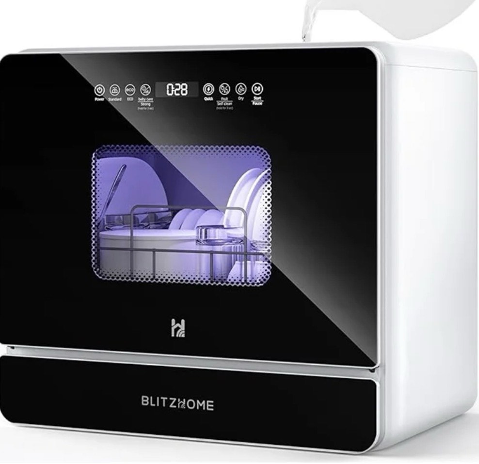 BLITZHOME Upgraded Portable Countertop Dishwasher, 9 Programs,5.2L Built-in Water Tank ,3-Spray Arms & 24H Timing,No Installation Needed