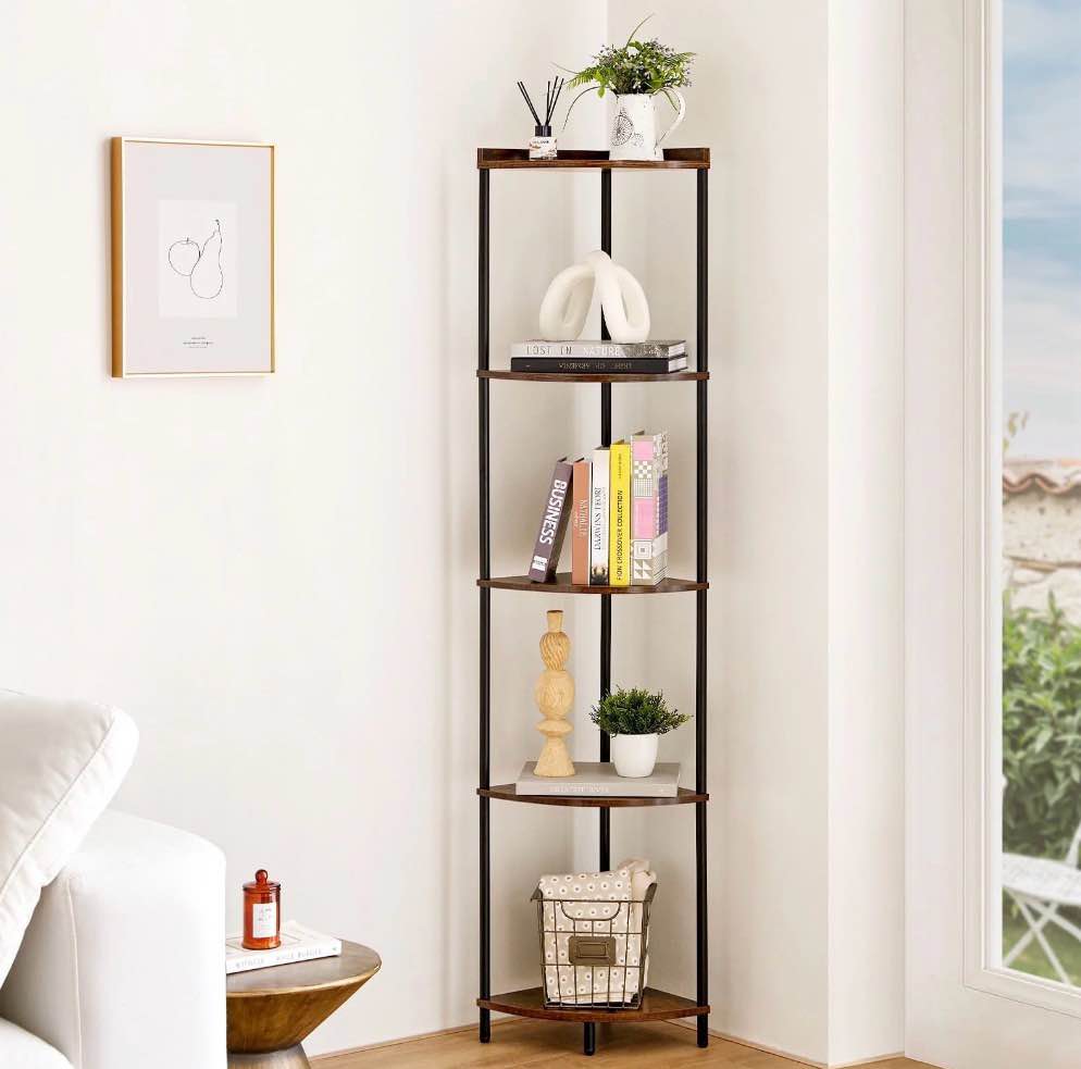 PJCOLL 5-Tier Corner Shelf Bookcase, 65" Wall Corner Bookshelf Corner Shelf Stand for Bedroom,Living Room, Berry Brown(1Pcs)