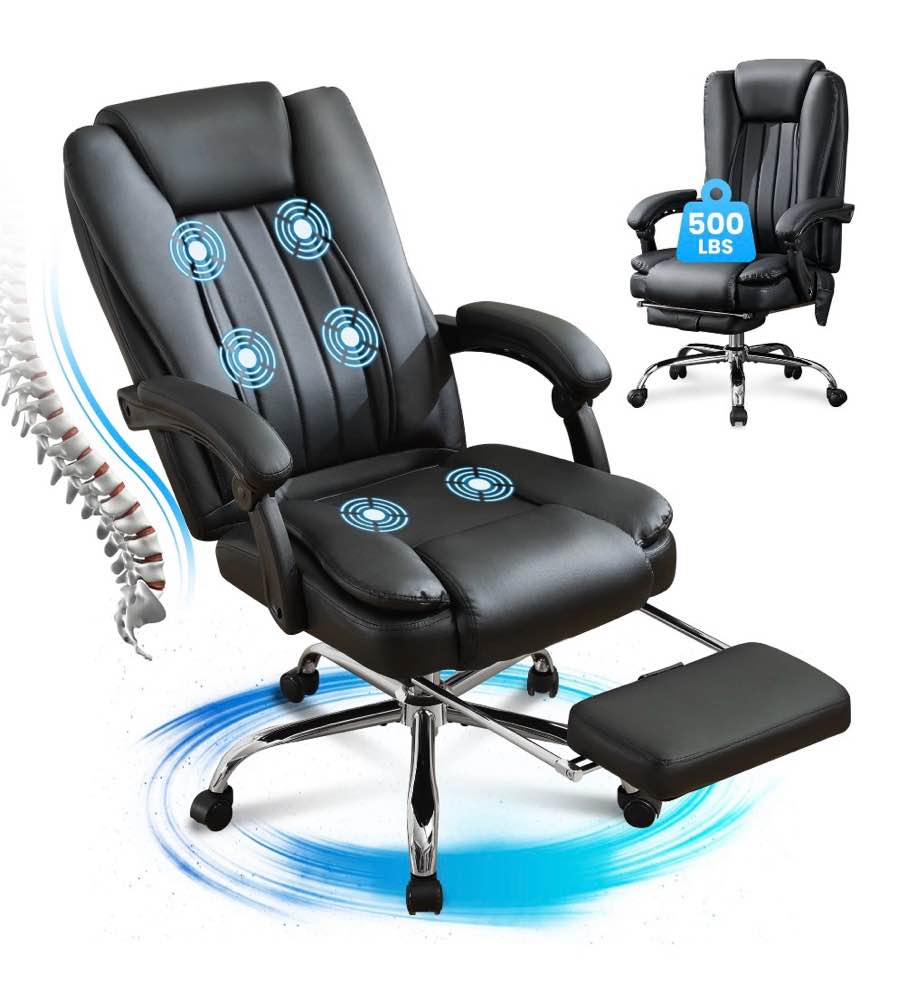 JONPONY Big and Tall Office Chair 500LBS Executive Office Chair Massage and Footrest Ergonomic Computer Desk Chair Reclining High Back Leather Office Chair Lumbar Back Support Swivel Rolling,Black