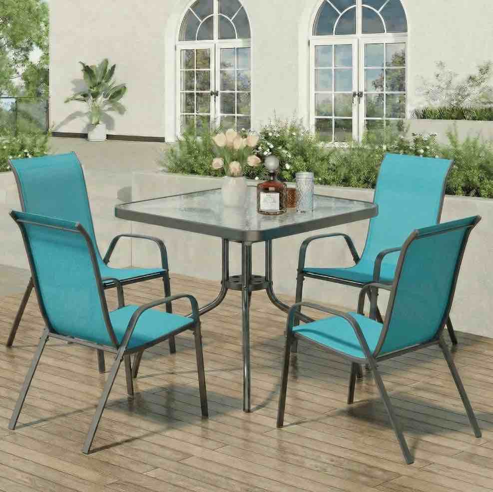 pirecart patio dining set of 5 outdoor furniture set with 4 stackable textilene armchairs & square table