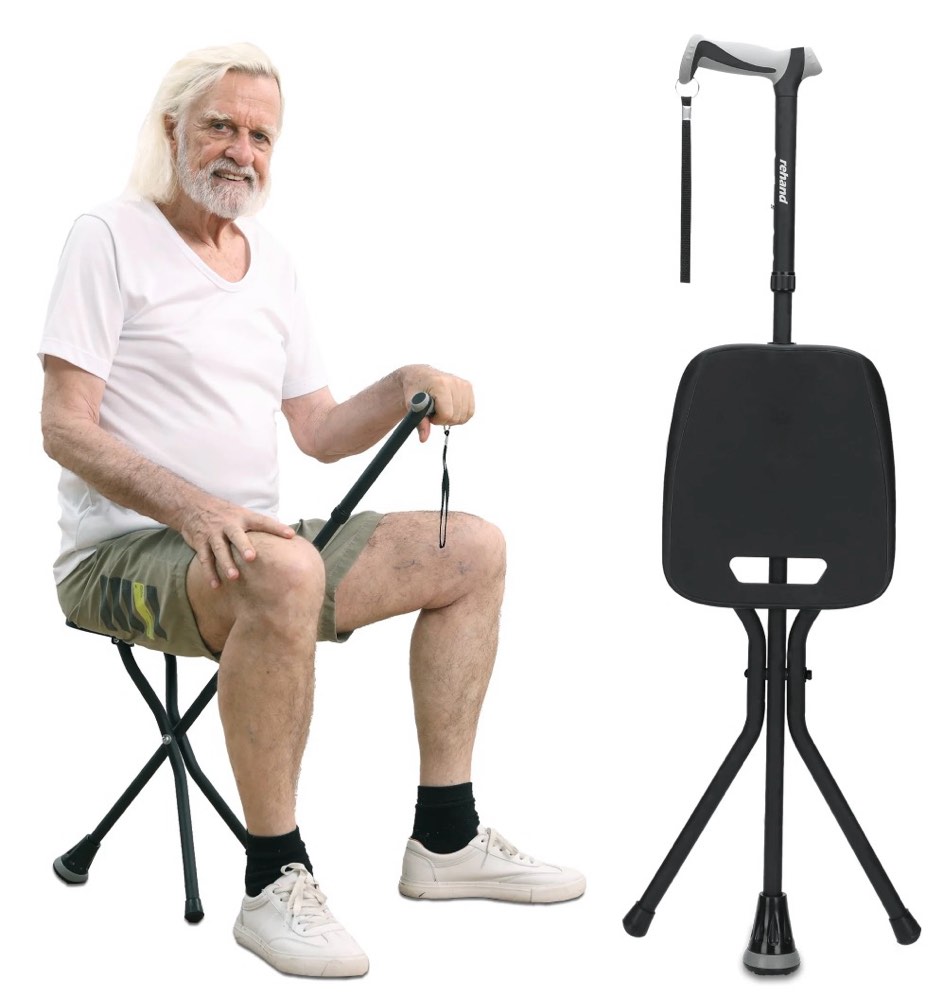 rehand folding adjustable walking cane with rubber feet, lightweight aluminum stick with seat, black