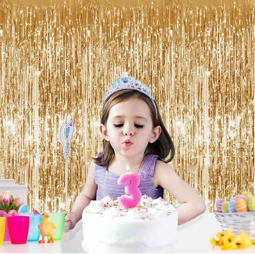 3.3 ft x 9.8 ft metallic tinsel foil fringe curtains,pack of 3 party streamer backdrop for birthday,graduation decorations and new year eve (gold)