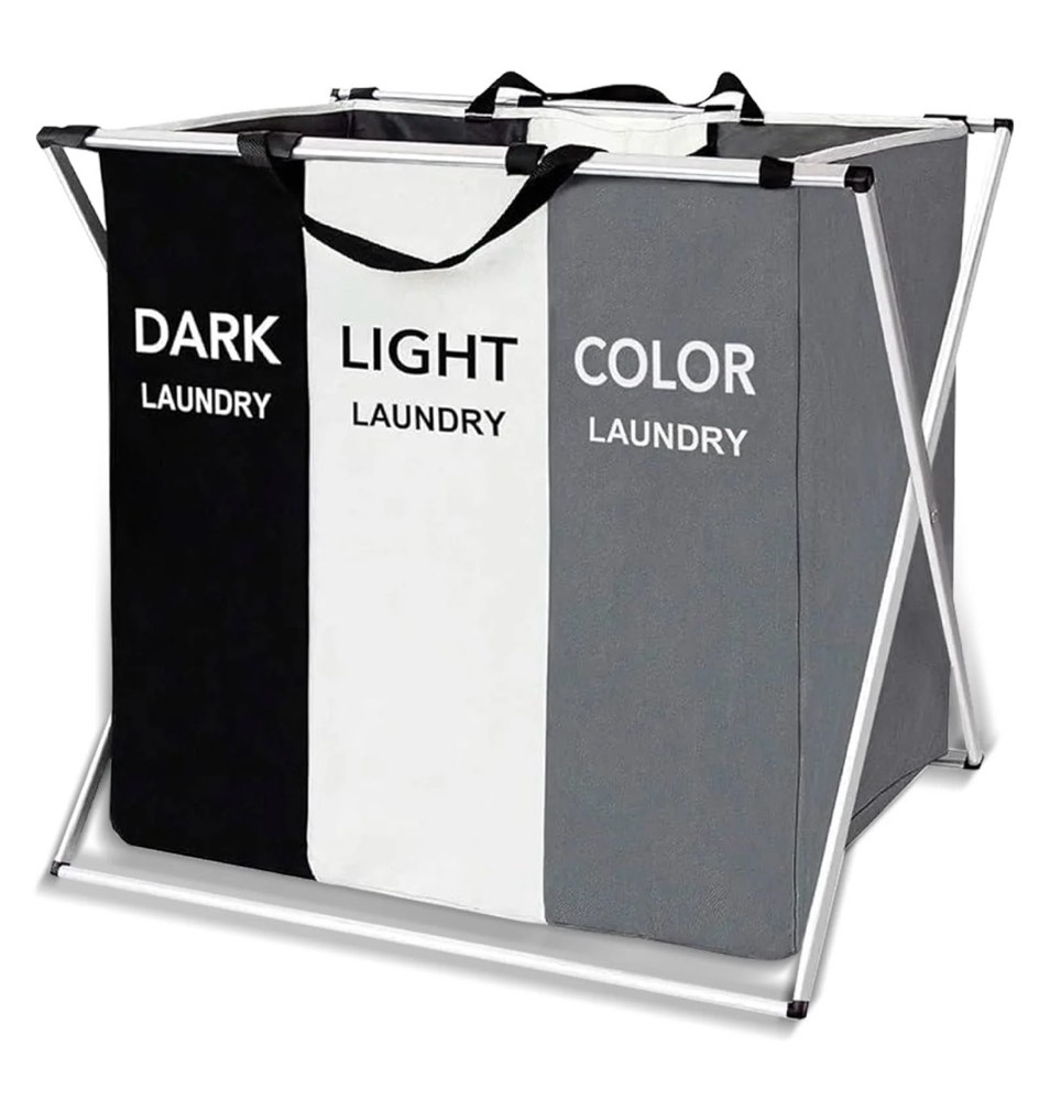 torio collapsible laundry basket, 3-compartment freestanding clothes hamper with reinforced handles, large capacity waterproof for bedroom college dorm