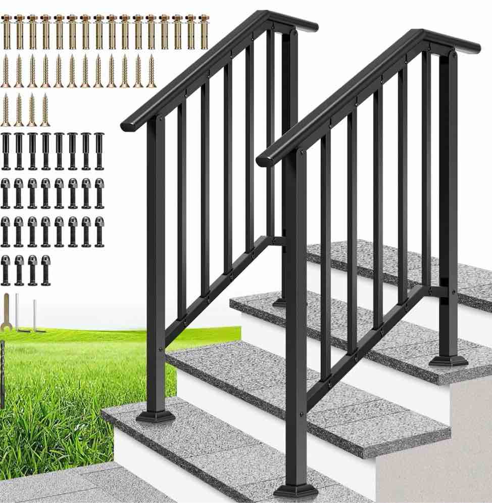specstar 2-pack galvanized steel hand rails for outdoor steps – 27.1" black oval and safety balusters exterior railing kit for porch, deck, or indoor stairs (3-step, black)