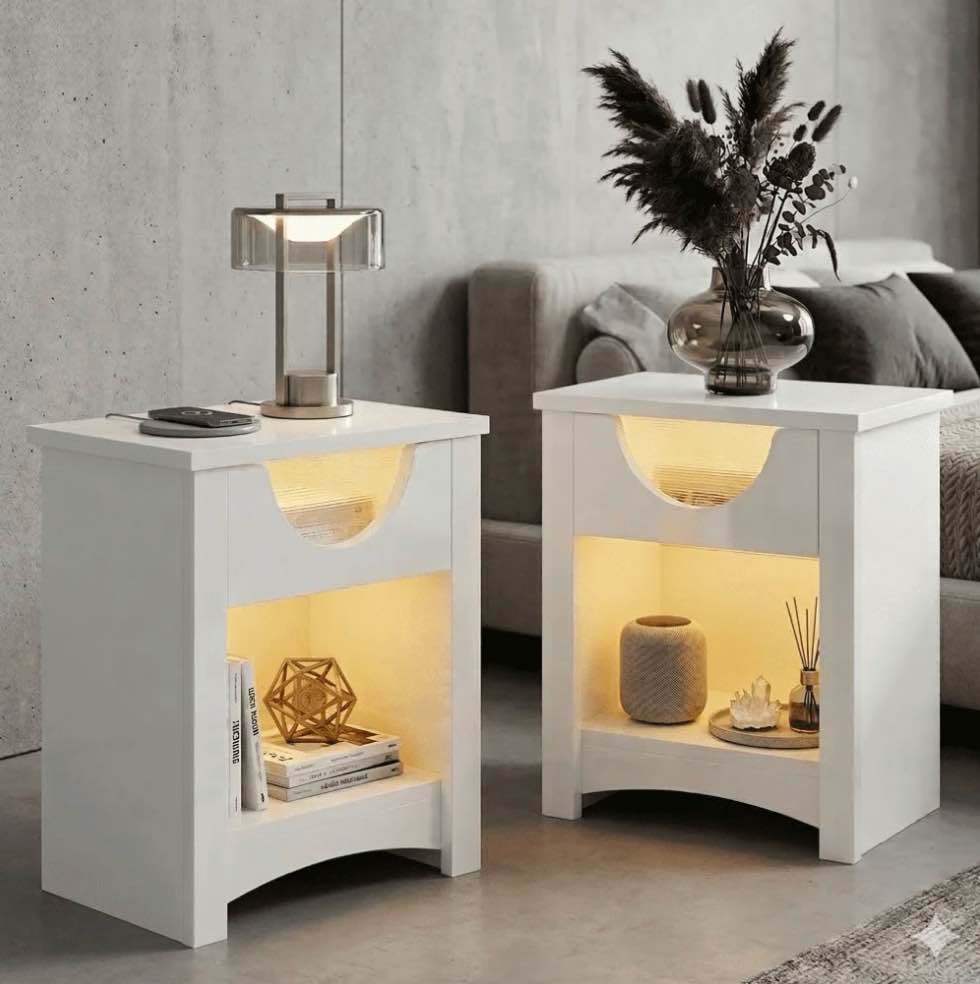 Bestier White Nightstands Set of 2 with Charging Station, Modern LED End Table Bedside Table with Drawer for Bedroom, Living Room