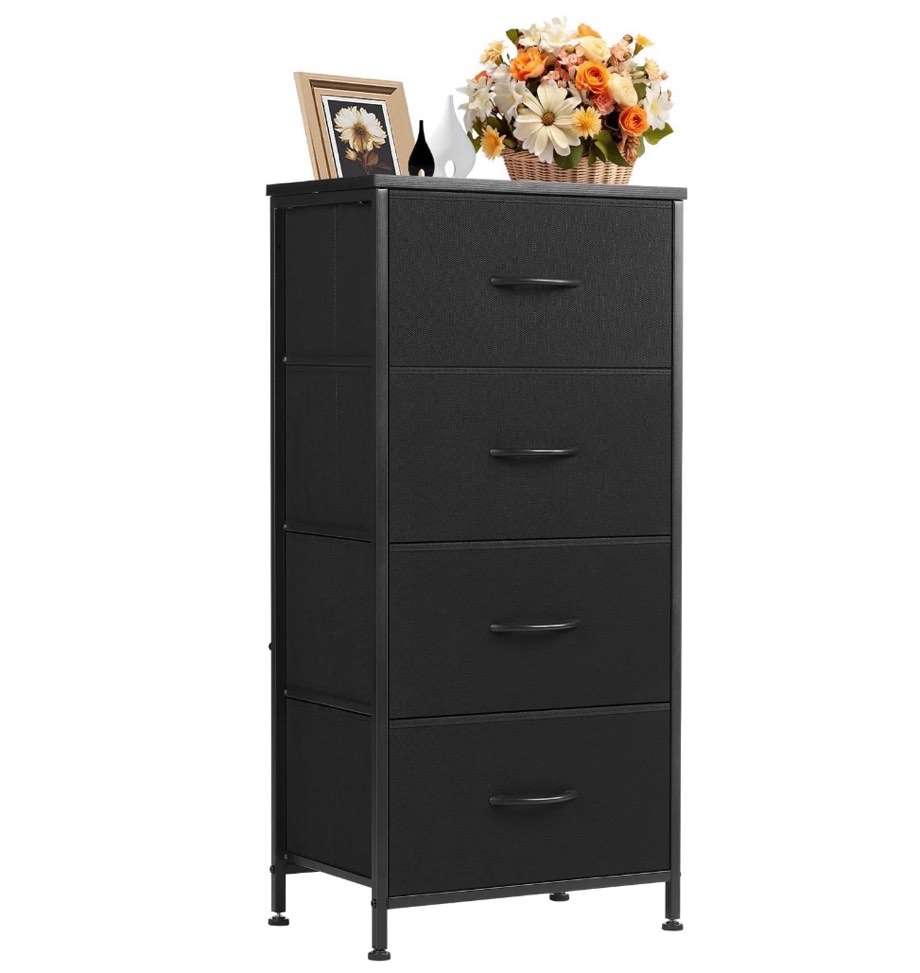 CONCETTA 4 Drawer Dresser, Wide Chest Drawers Nightstand Storage Tower Storage Fabric Dresser With Wood Top for Living Room, Bedroom, Closet, Black