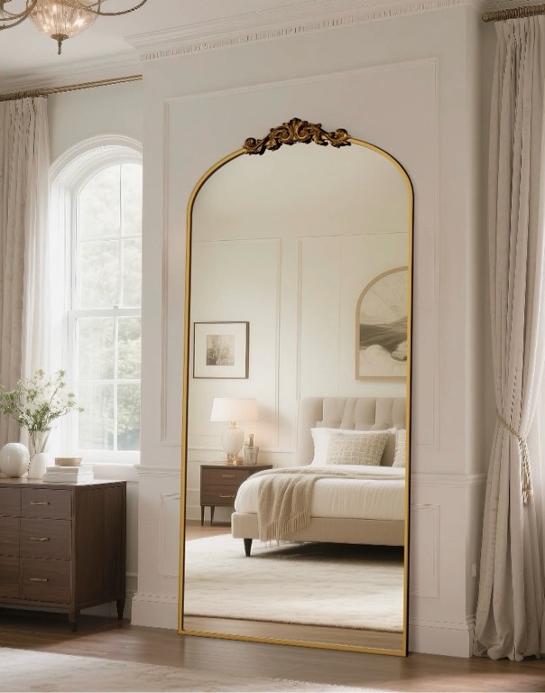 Condition photo showing New/Like New for 78 x38  vintage arched full-length mirror with carved metal frame  baroque-style floor mirror for living room  bedroom  entryway or hallway decor  gold