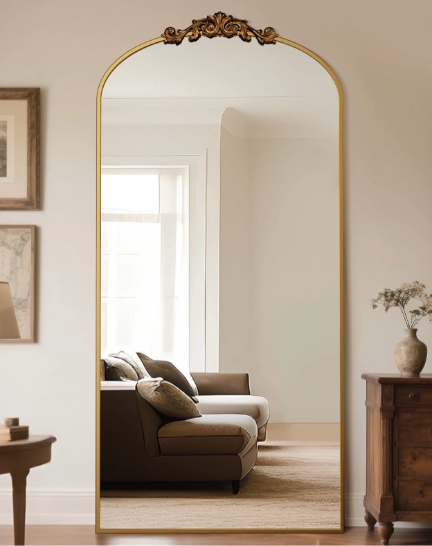 78 x38  vintage arched full-length mirror with carved metal frame  baroque-style floor mirror for living room  bedroom  entryway or hallway decor  gold