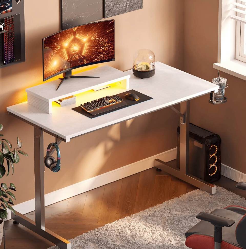 Bestier 42 inch LED Gaming Desk with Monitor Stand PC Computer Gamer Home Office Table in White