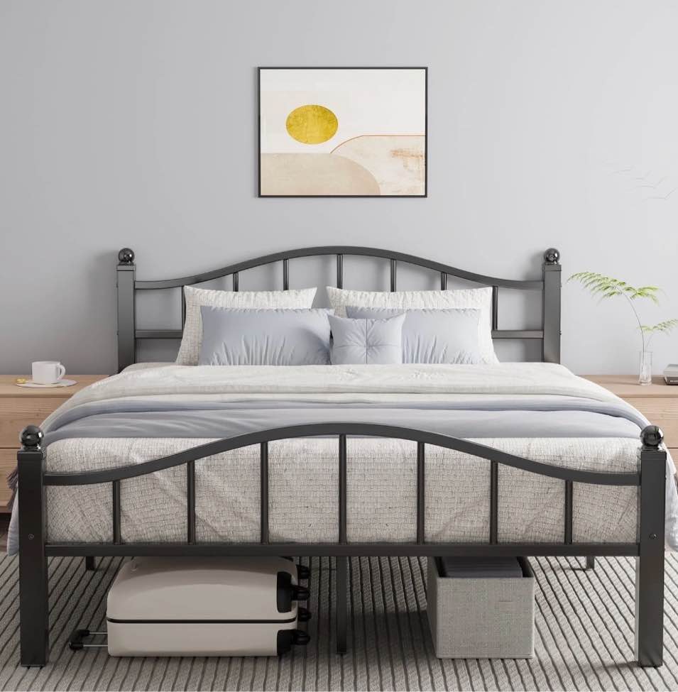 metal queen bed frame, noise-free design & underbed storage heavy duty queen size bed frames with headboard no box spring needed/tool-free assembly