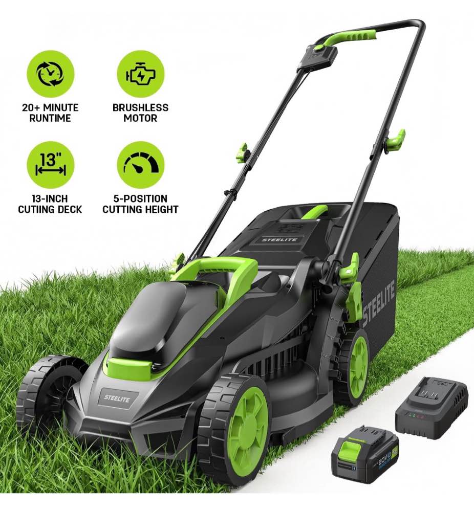 Steelite 13-Inch Cordless Lawn Mower, 21v Electric Lawn Mowers With Brushless Motor For Garden,5 Heights Adjustment, 4.0ah ((( Battery & Charger  not Included ))