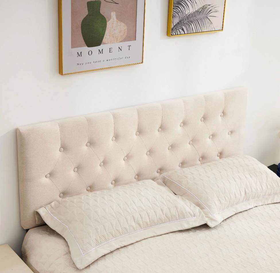 jonpony tufted upholstered headboard queen size, solid wood head board with  adjustable height  headboard from 37" to 51",bed frame adapters,beige,headboard only